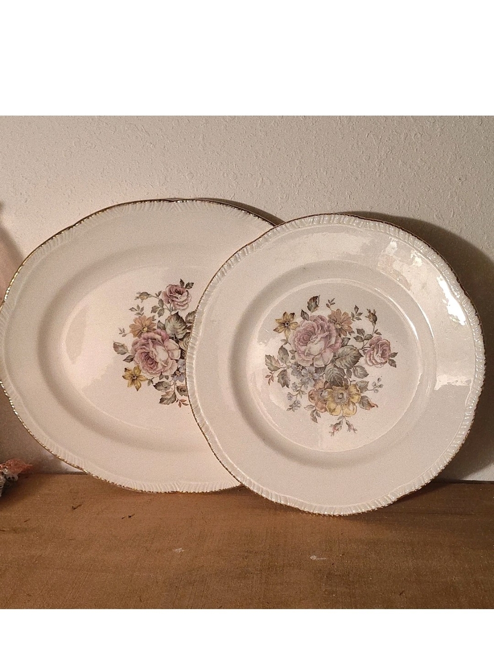 Vintage Floral Porcelain Dinner Plates - Cream with Pink & Yellow Floral Design
